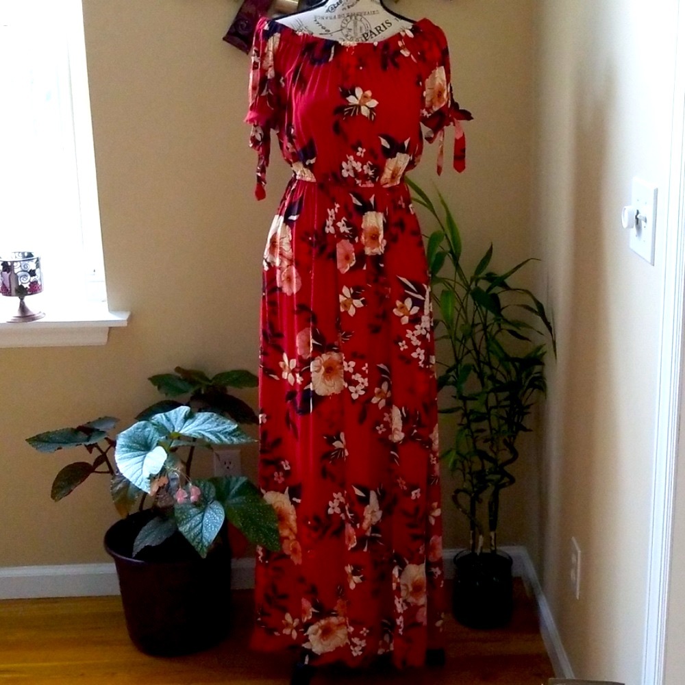 Red Floral Off The Shoulder Dress